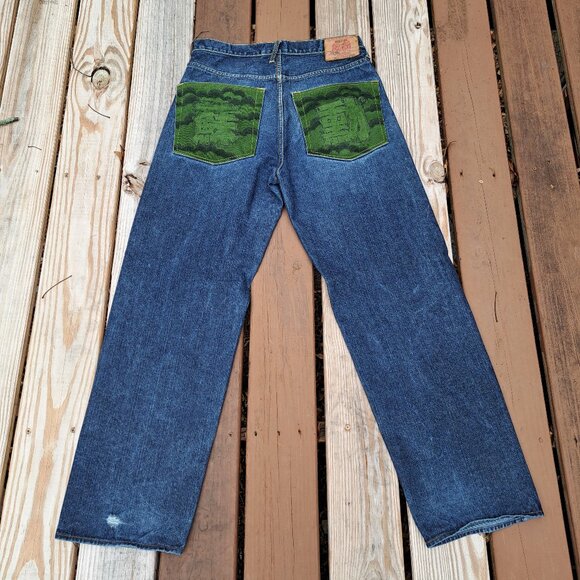 Vintage RMC Jeans Men's Graphic Navy and Blue Jeans Size 34x32 - Picture 2 of 14